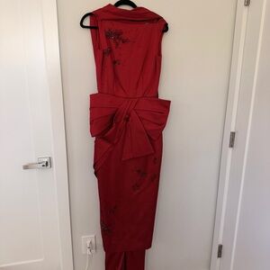 ERDEM Draped Embellished Red Satin Gown with Bow Accent